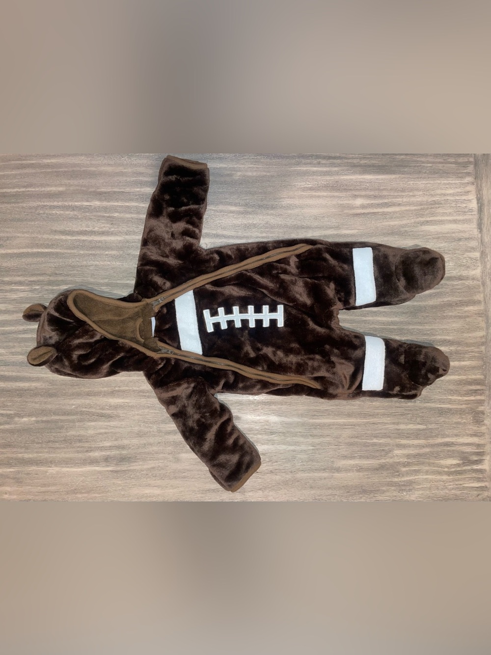 Plush Brown Football Baby Bunting One-Piece Hooded Winter Snowsuit